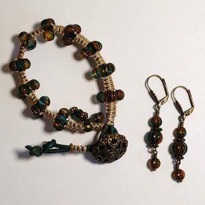 Macrame/beaded New Unique Hand Crafted Green /Czech Beads Bracelet/Earrings